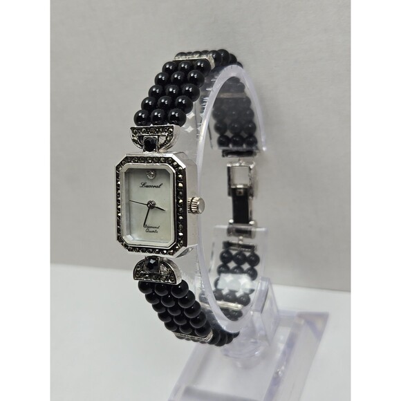 Vintage Lucoral Diamond Quartz Watch Black Onyx Beads Marcasite MOP New Battery main image 6